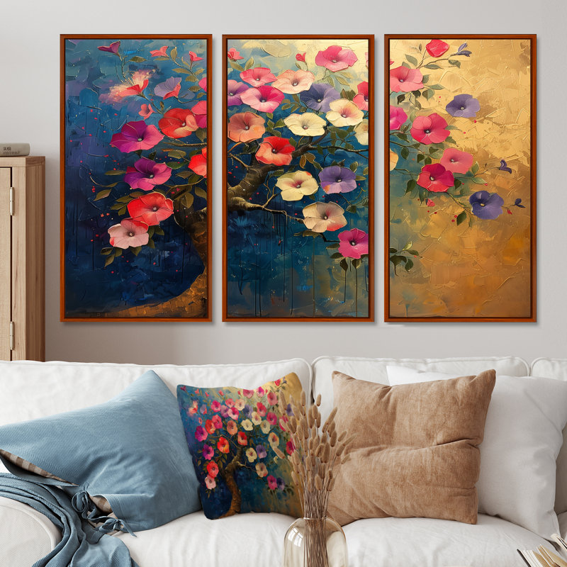 «Rose Glory Morning Glory Tree I», ensemble d'art mural, Toile avec cadre flottant brun, H 28 po x l 36 po x P 1 po