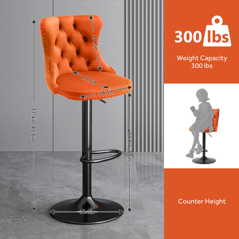 Modern Upholstered Black Swivel Velvet Bar Stools (Set of 4), Orange, 2