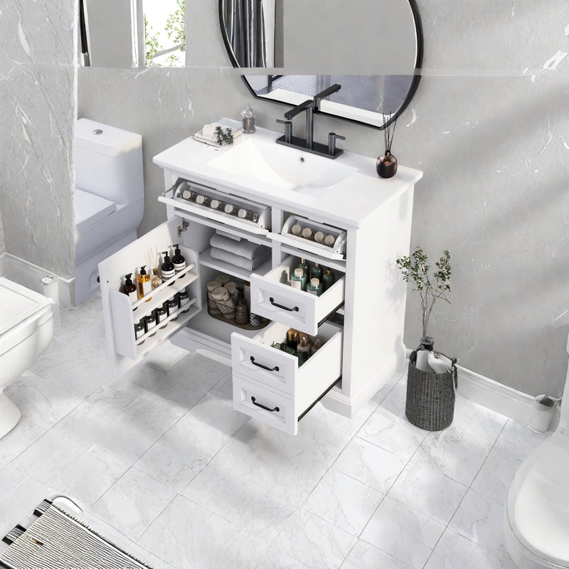 Meuble-lavabo moderne avec lavabo, céramique et bois, conception peu encombrante pour les petits espaces
