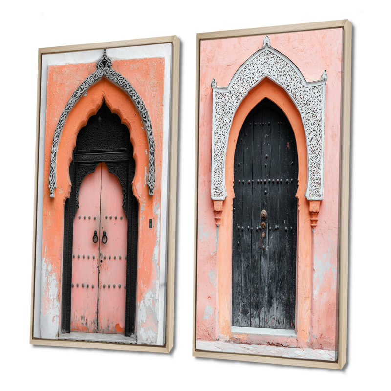 Ensemble de 2 pièces d'art ornementales avec porte marocaine orange Rhapsody, H 28 po x l 24 po, Cadre flottant érable