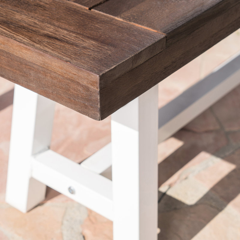 Dark Brown Sandblast Wood Dining Bench, White Rustic Metal Frame, 63" In Length For Outdoor Space Frame Wide Bench With Slat Panel Top Use