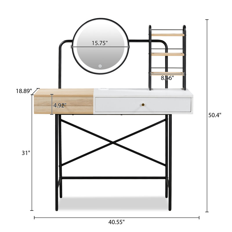 40" Makeup Vanity Desk with 3-Mode Lighted Mirror and Wireless Charging Station, White/Natural