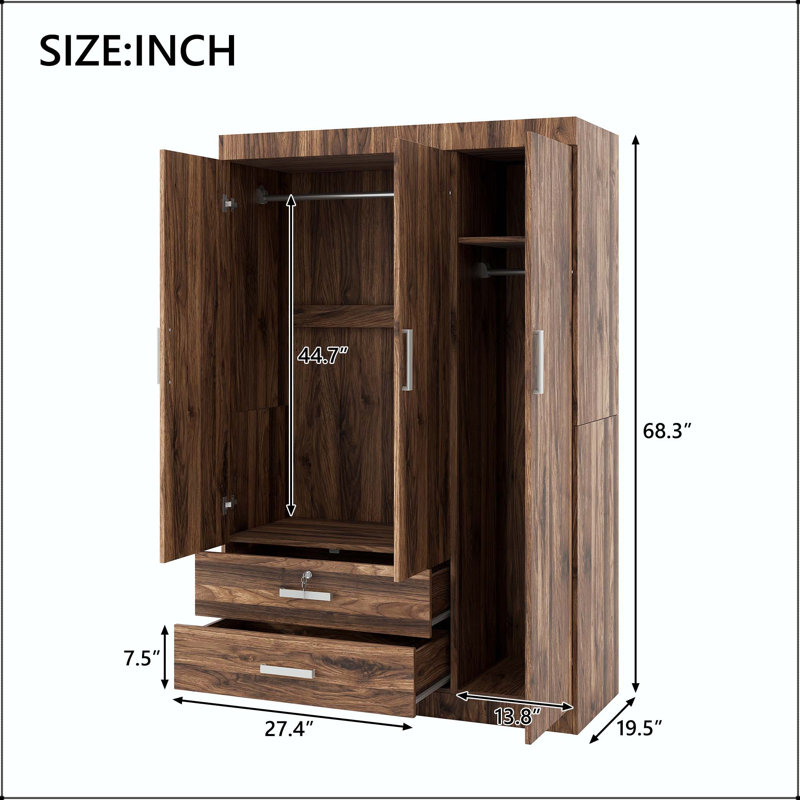 Armoire de rangement à 3 portes avec 2 tiges de suspension et tiroir verrouillable