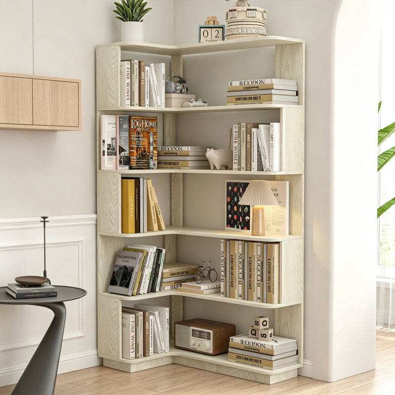 Bibliothèque d'angle en L à 5 niveaux, 90 cm de hauteur, avec panneau anti-chute et structure en bois anti-basculement.
