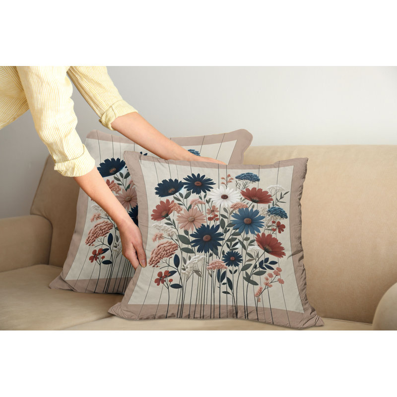 Warm Taupe Dark Blue Ruby Floral Polyester Square Pillow Covers