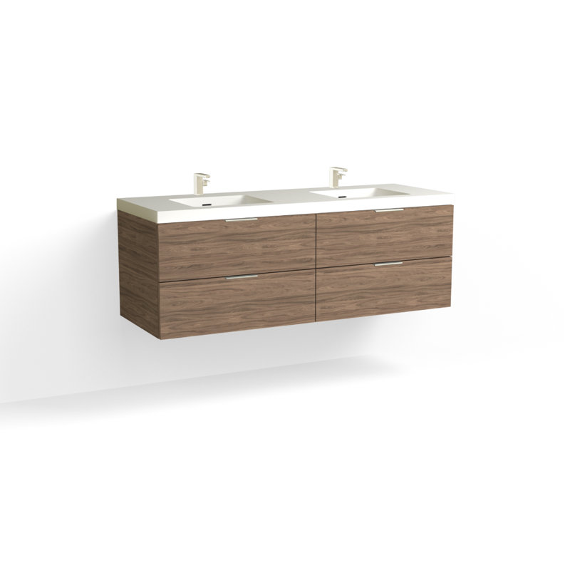 Avila 60" W Wall Mounted Double Bathroom Vanity, Glossy White/8" Widespread, Nocino, Matte Black
