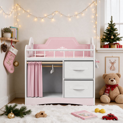 3‑in‑1 Wooden Dolls Crib Set with Accessories, Pretend Play Nursery Furniture Featuring Wardrobe, Changing Table, Bedding, Hooks, Hangers and Pillow, Fits Dolls up to 21", for Girls Ages 3+