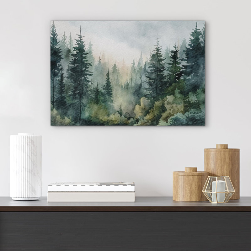 Natural Framed Pastel Green Pine Tree Forest Canvas Print
