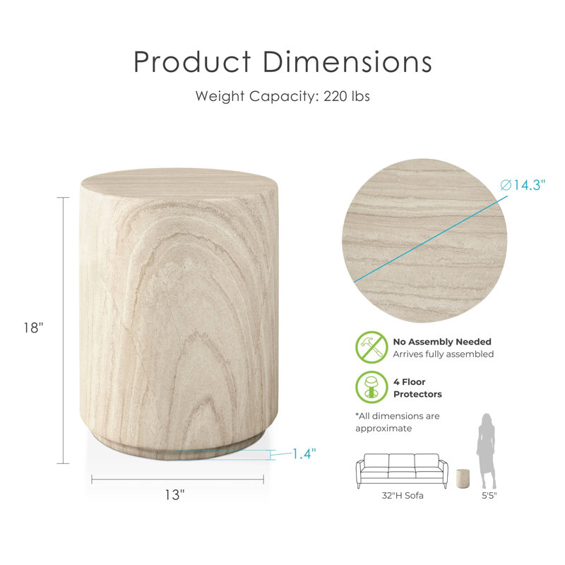 Fulcher Natural Stone 14" W End Table with Drum Base, Beige Travertine