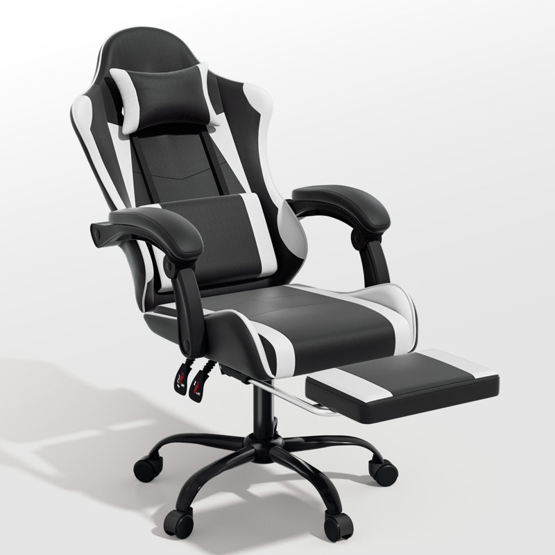 PU Leather Adjustable Gaming Chair, Ergonomic Desk Computer Chair with Headrest, Footrest and Lumbar Support, White