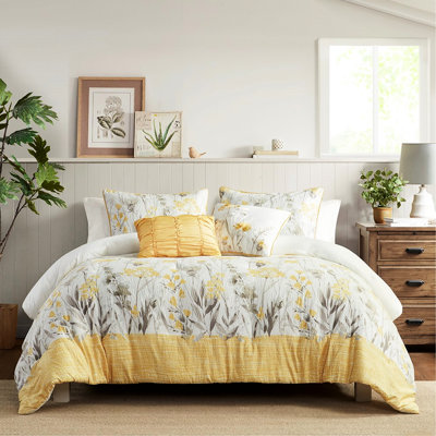 Édredon 5 pièces Seersucker, jaune, double / grand, chalet, rembourrage, literie jaune double / grand lavable à la machine avec édredon, 2 taies décoratives, coussins, imprimé gris et floral