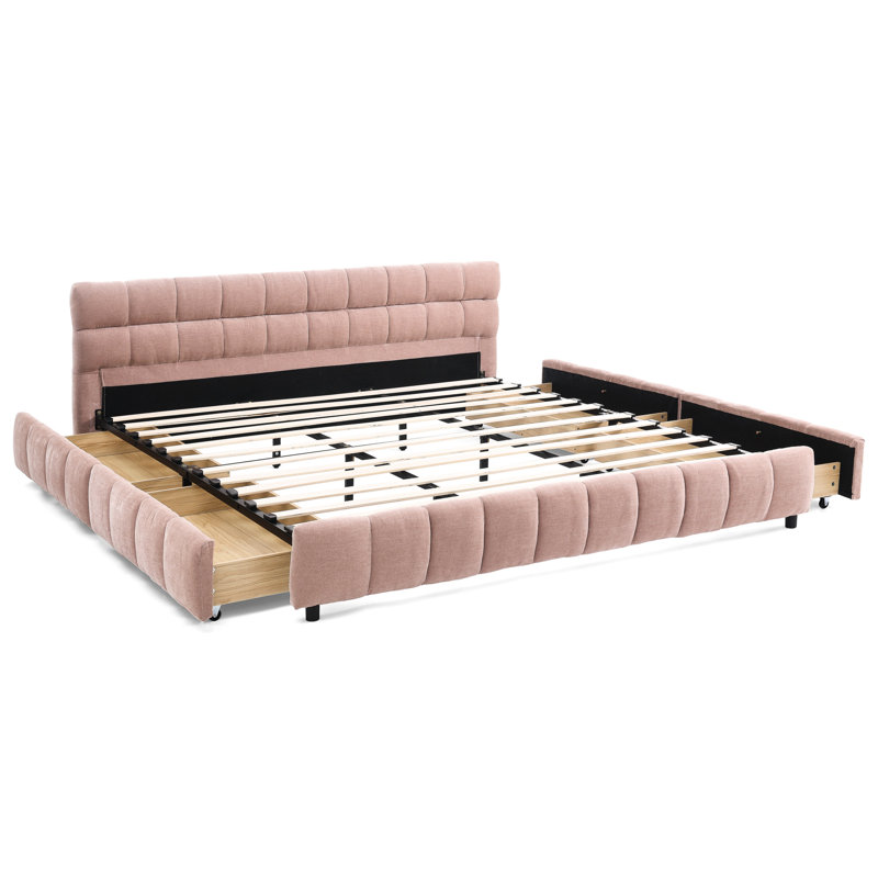 Structure de lit très grand en chenille rose avec tête de lit, cadre et tiroirs de rangement moelleux en chenille épaisse moderne