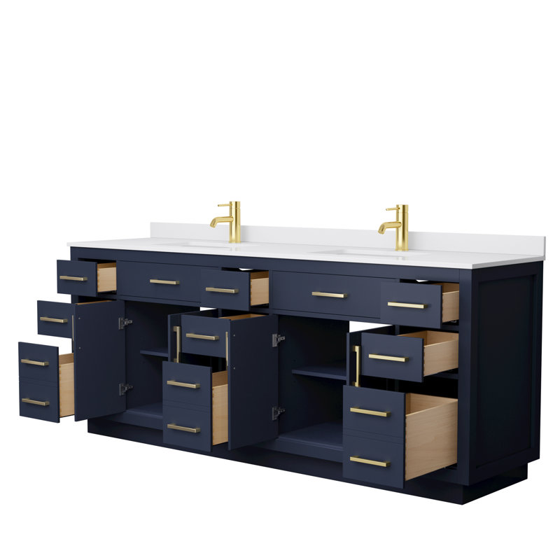 Beckett TK 84'' W Double Vanity, Dark Blue, White Cultured Marble, Brushed Gold