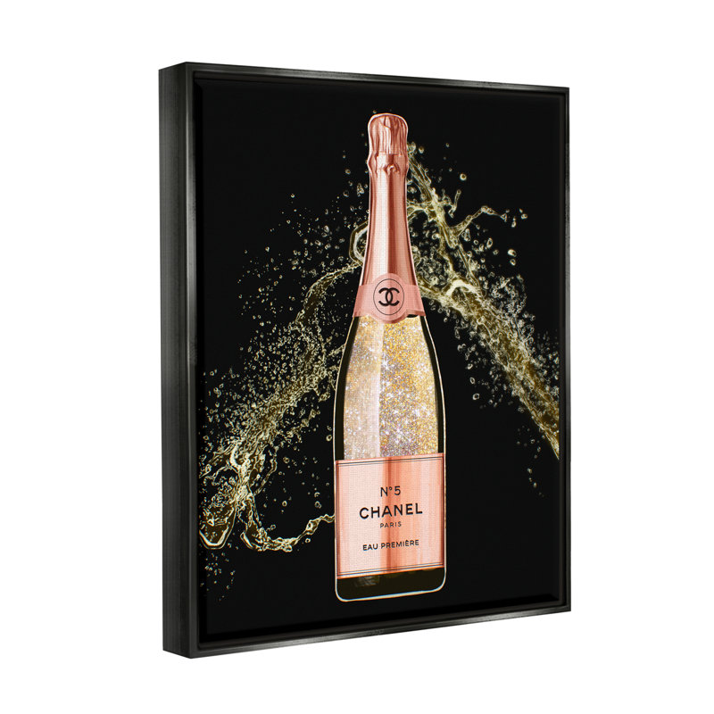 «Glam Fashion Champagne Bottle Splash» par Ziwei Li - cadre flottant, impression sur toile, Cadre flottant noir de jais