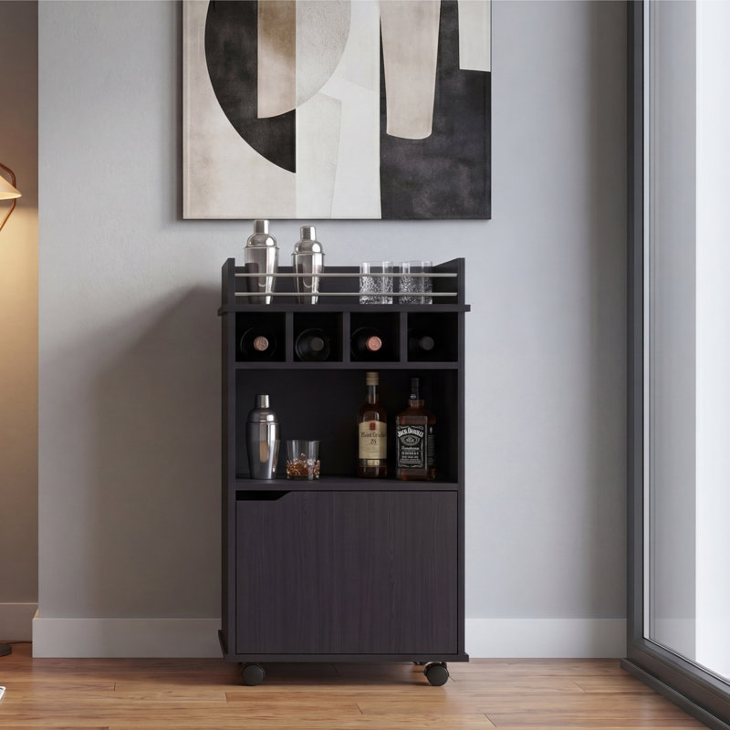 Chariot-bar avec 2 tablettes ouvertes, 4 casiers à vin et une armoire de rangement à portes battantes, Noir