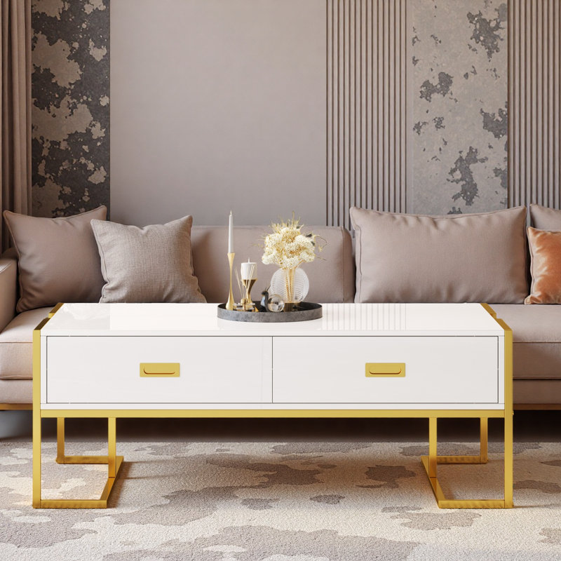 Modern Rectangular Coffee Table With 4 Drawers And Gold Base, White