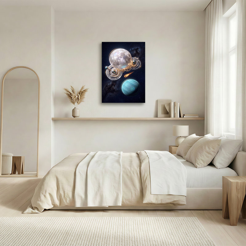 Toile brillante, lune et planète bleue dans un espace étoilé avec engrenages, H 48 po x l 32 po