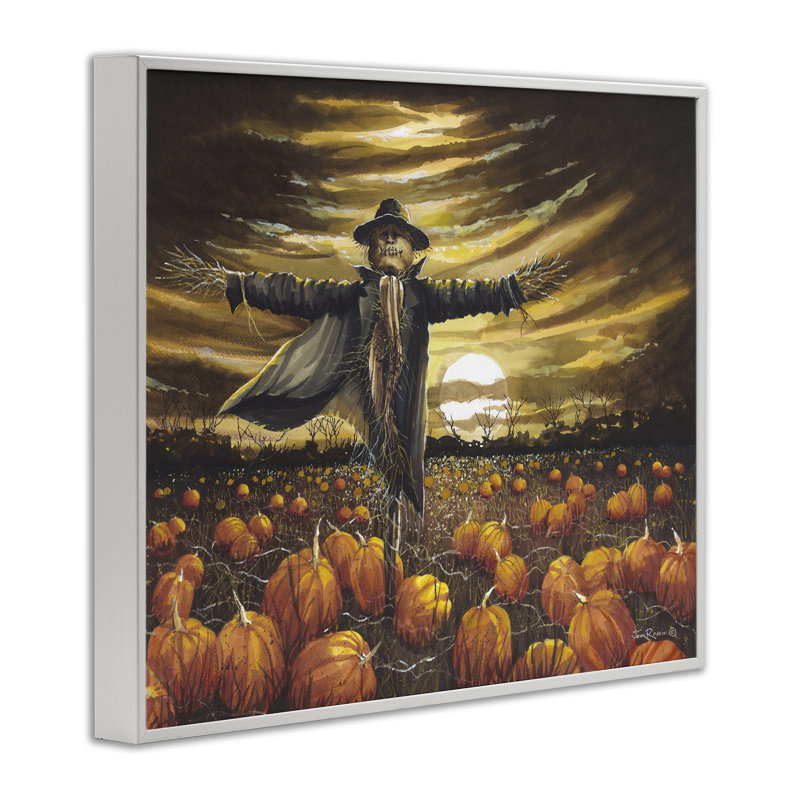 Scarecrow in Pumpkin Field Giclee Art by John Rossini, Coastal White Framed Giclee, 16" H x 20" W