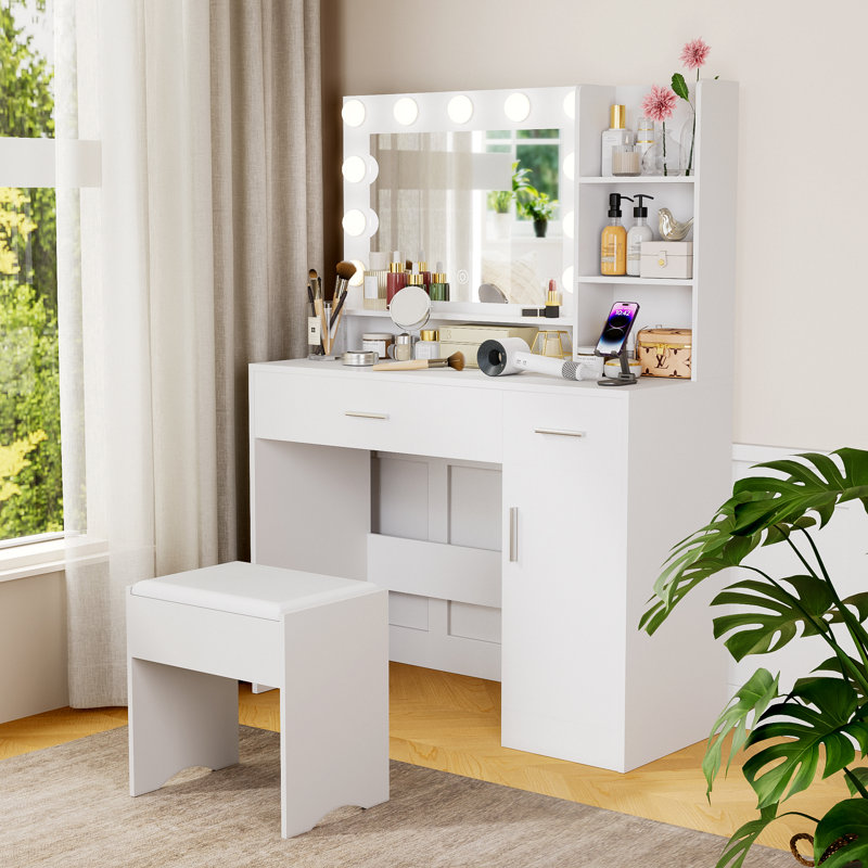 Ensemble de coiffeuse 39,4 "de large avec miroir, tabouret de rangement et 3 lumières DEL à luminosité réglable