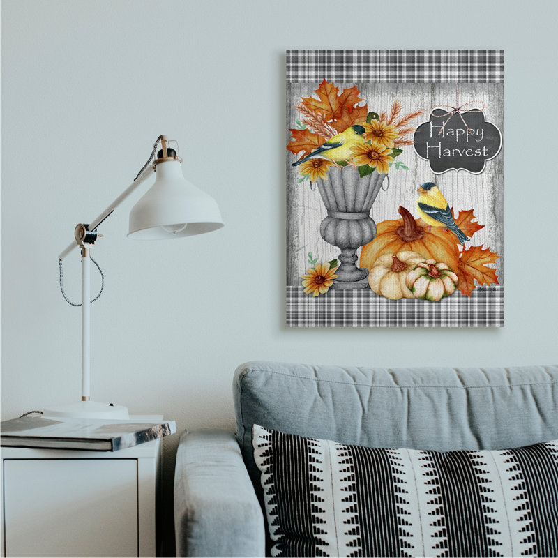 «Happy Harvest, Autumn Birds and Gourds» par Sheri Hart - impression d'art graphique, H 40 po x l 30 po x P 1,5 po