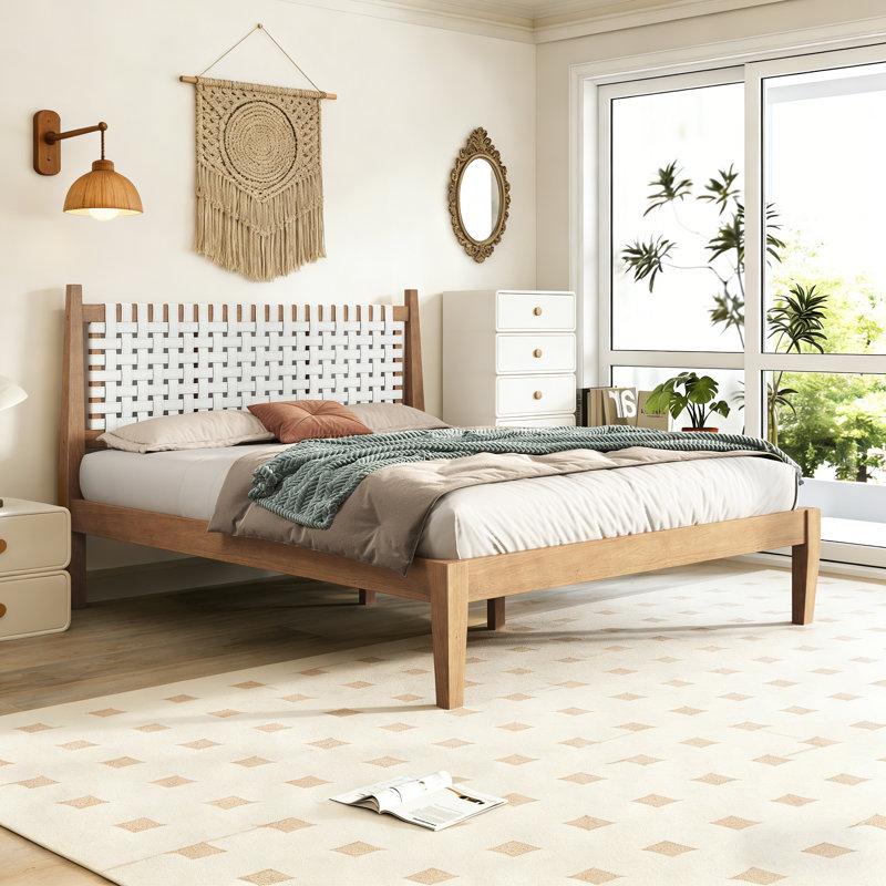 Pine Wood Platform Bed with Woven Headboard, Leather Platform Bed with High Clearance, Weight Capacity 800 lbs, No Box Spring Needed,  White Natural, Queen