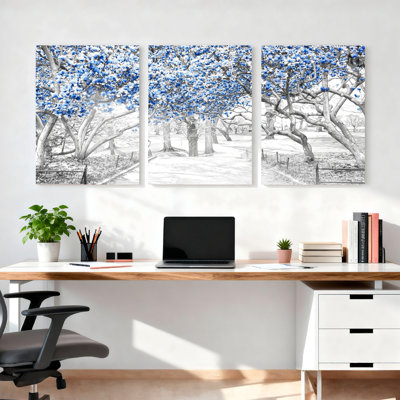 Blossom arbres croquis de style toile tendue sur toile, ensemble de 3 reproductions de peinture à l'huile pour salon chambre à coucher