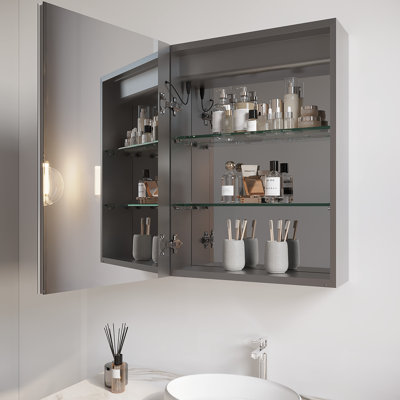 26X20 Inch Bathroom Cabinet With Led Lighted Mirror - Fog, Waterproof Touch Switch Fixing 3000K To 6000K Dimmable Single Door  Left  Recessed/Surface Mount Medicine Fog Adjustable Recessed Or Surface