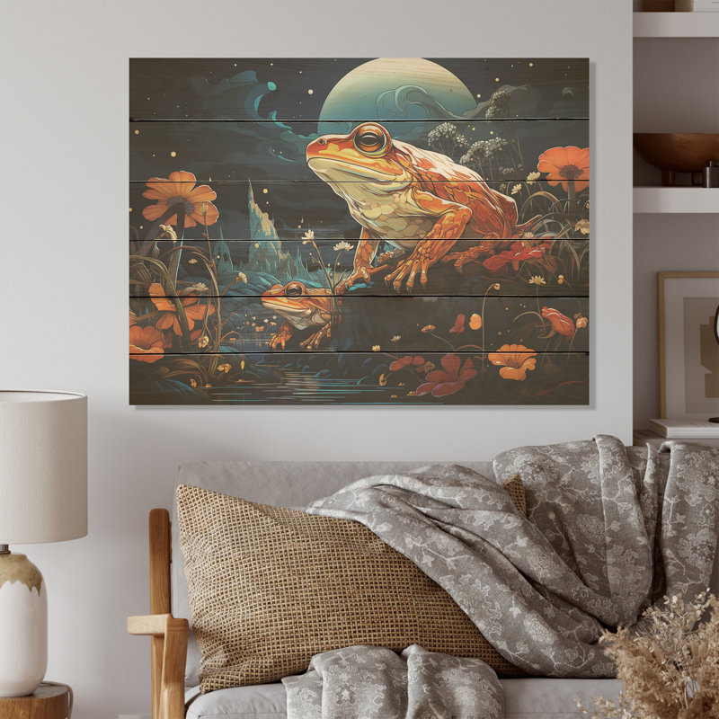 Art mural grenouille cosmique - grenouilles et crapauds sur bois de pin naturel, H 24 po x l 32 po