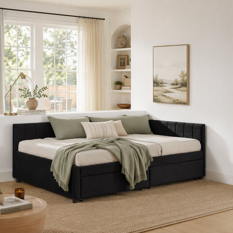 Velvet Upholstered Tufted 3-in-1 Sofa Bed & Daybed - 2 Storage Drawers, Ergonomic Backrest/Armrests, 300lbs Capacity for Living Room/Bedroom/Office
