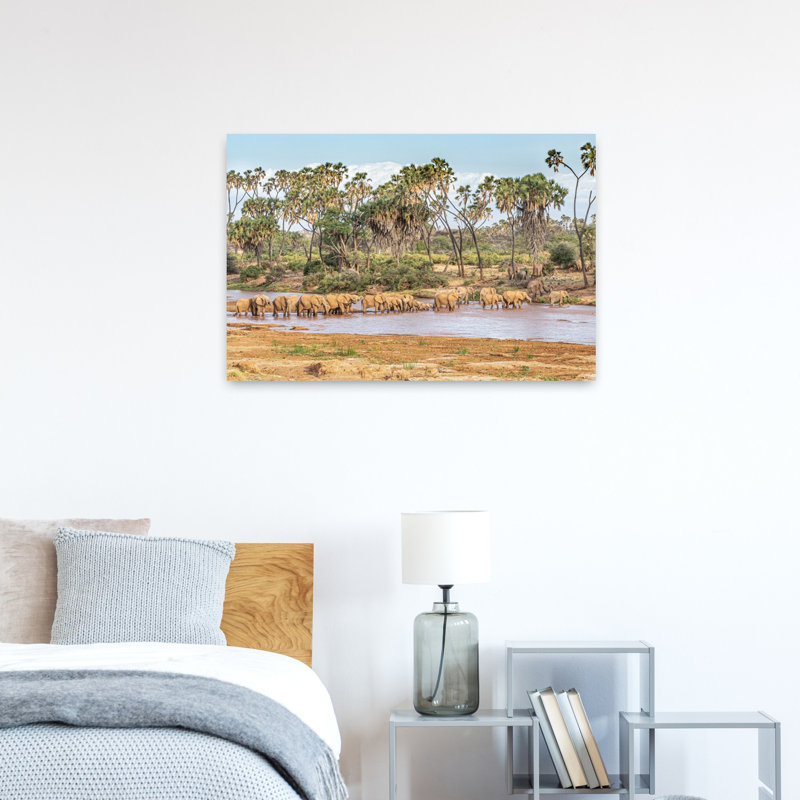 African Elephants Watering Peaceful Serene Abstract Palm Tree Elephant Landscape Nature Wall Art Print by Jeffrey C. Sink - 1 Piece Wrapped Canvas Wall Art