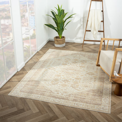 Tapis oriental traditionnel beige lavable à la machine Melody