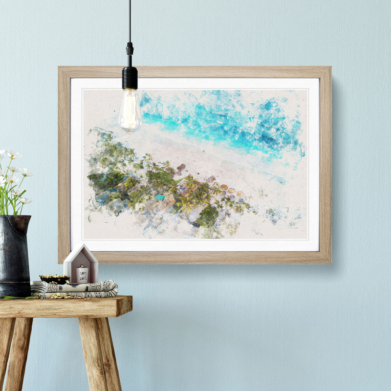 Washed Up In Tulum Mexico Watercolour - Framed Print, 33cm H x 45cm W x 2cm D, Oak