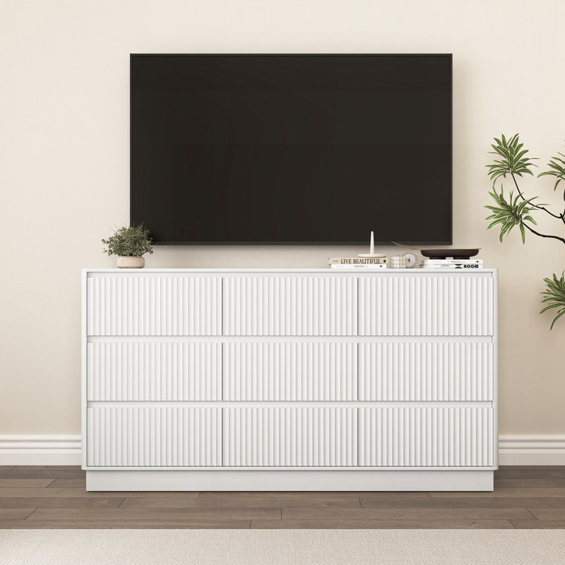 Commode 9 tiroirs pour chambre à coucher avec grands tiroirs, commode en bois, grande commode de plancher, long meuble télé moderne, table d'appoint avec rangement Mid-Century, blanc