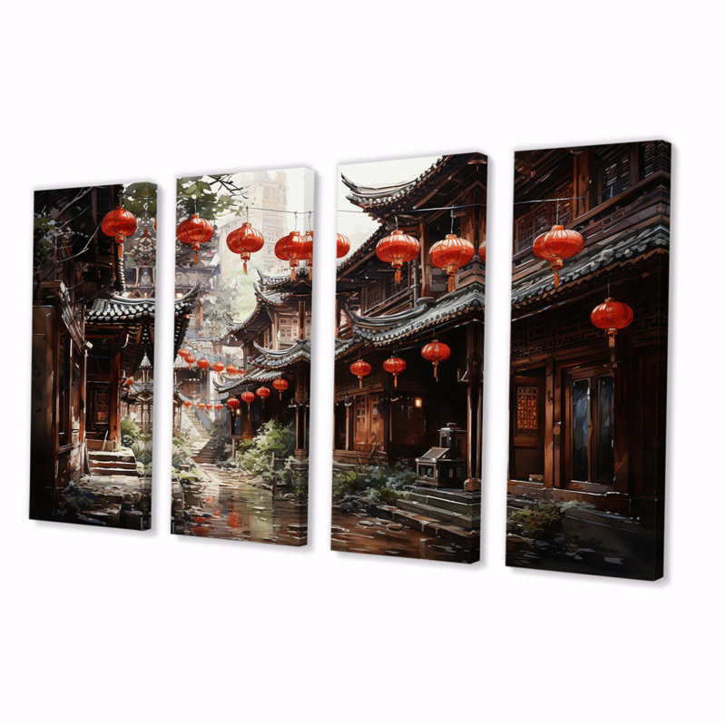 «China Art Red Lantern II», art mural chinois, salon, 4 panneaux