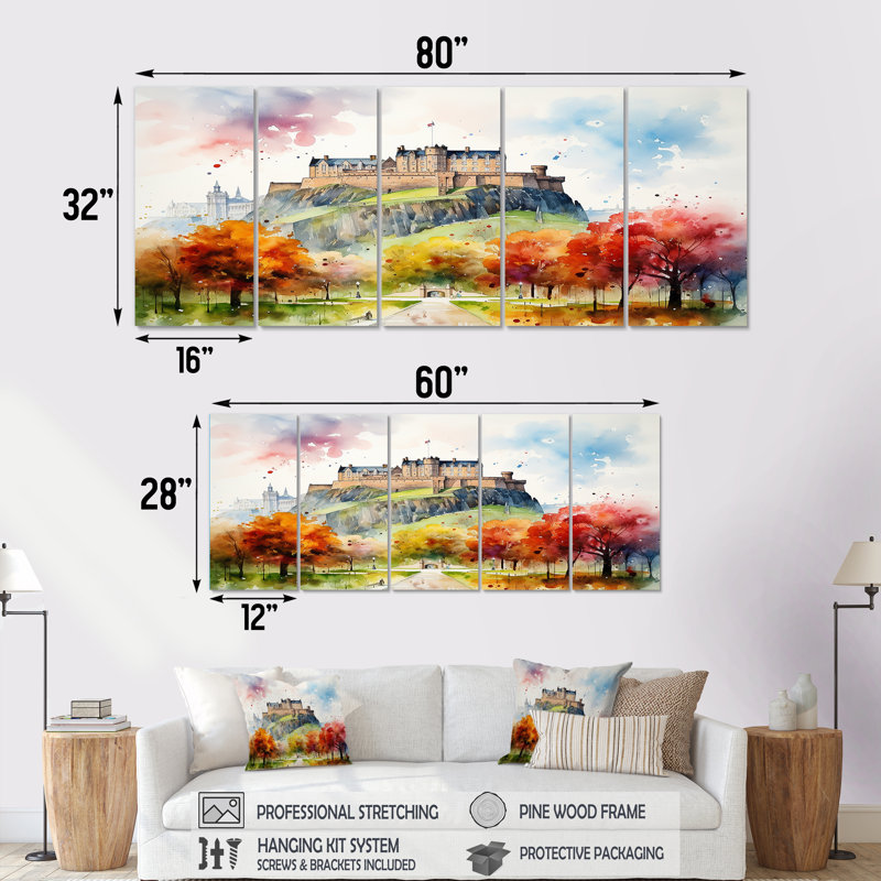 Art mural 5 pièces, "Forteresse médiévale en Angleterre I", H 32 po x l 80 po
