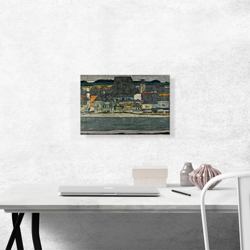 «Maisons sur la rivière la vieille ville» par Egon Schiele - reproduction d'art sur toile tendue, H 12 po x l 18 po x 1,5 po