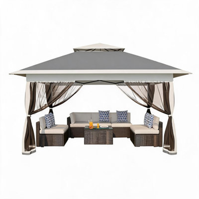 3 x 3m Pop Up Garden Gazebo, Double Roof Instant Canopy Tent with Netting & 4 Sandbags, 3-Level Adjustable Height, Metal Frame for Patio, Parties & Outdoor Events, Blue