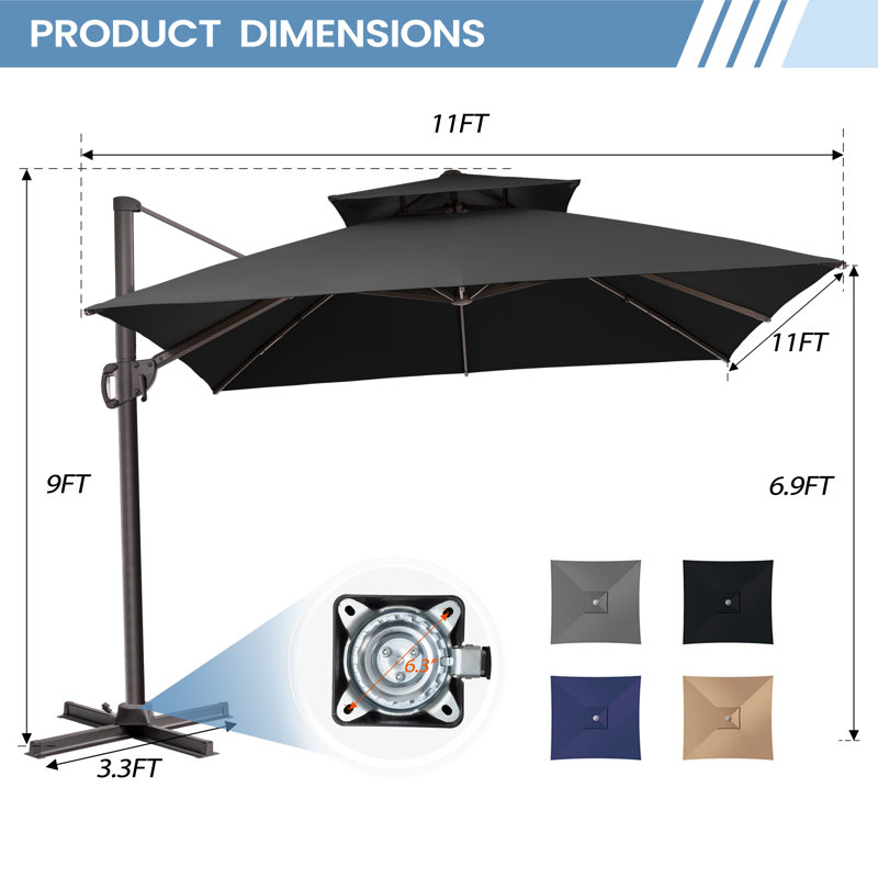 11' Square Patio Cantilever Umbrella, Base Included, Noir