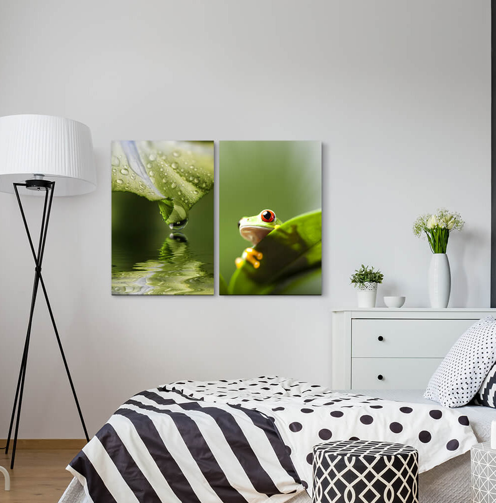 2-tlg. Leinwandbilder-Set - Fotografie „Orchid Blossom Green Water Drops Frog Amphibian Refreshing”