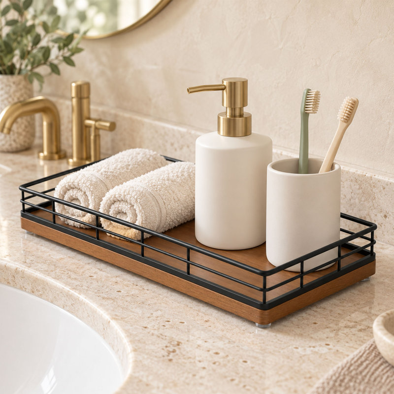 Organisateur de réservoir de toilette, plateau de rangement de salle de bain en bois de chêne avec cadre en métal