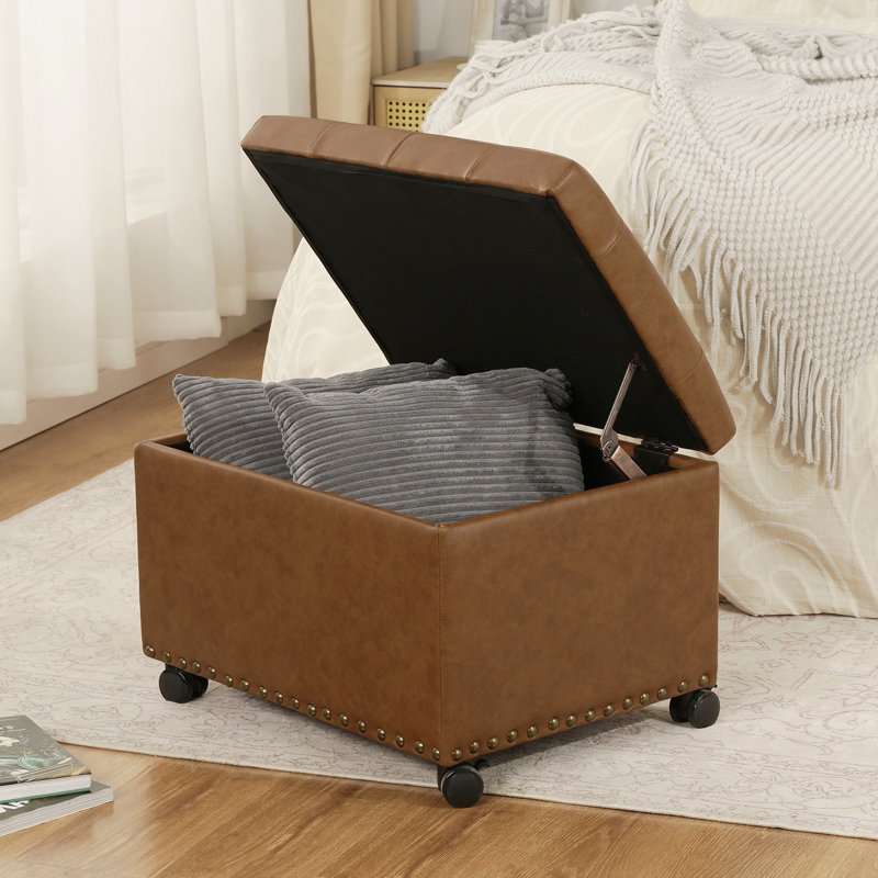 Repose-pieds rectangulaire en similicuir avec roulettes, Marron clair