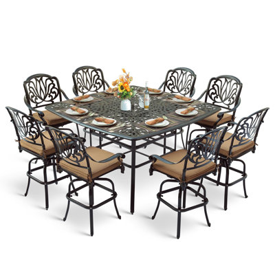 9-piece Outdoor Patio Swivel Bar Set, All Weather Cast Aluminum High Top Patio Bar Furniture With 8 Cushioned Swivel Bar Stools, Large 64" Square Pat by Bloomsbury Market