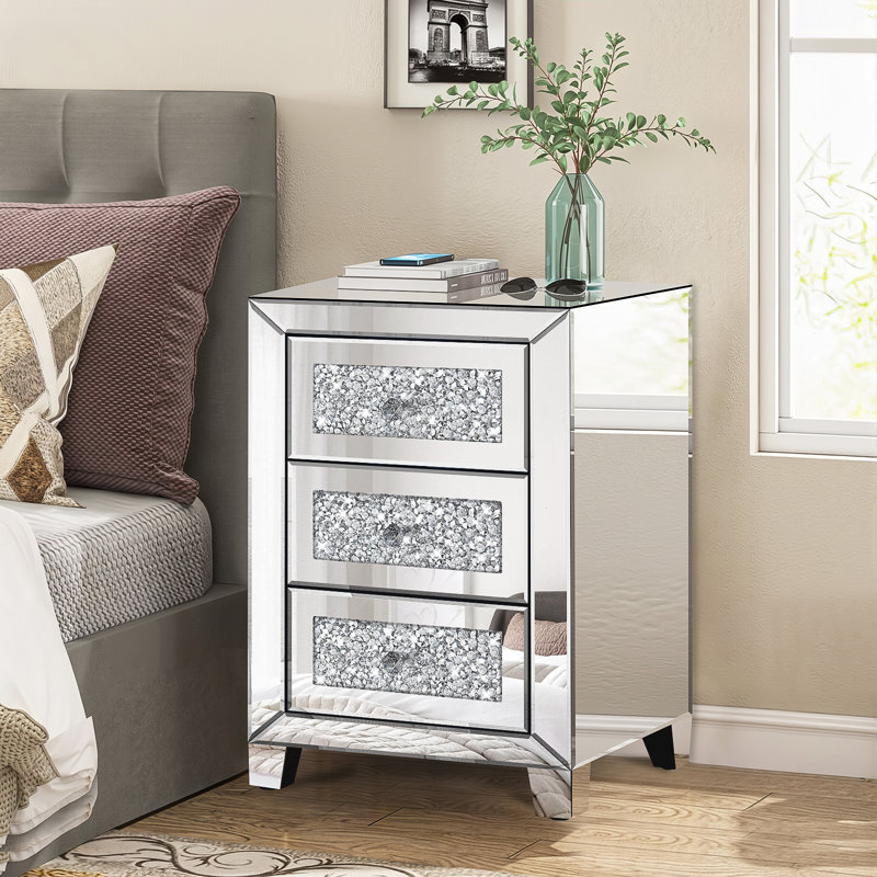 Crushed Diamond Mirrored Nightstand, Silver End Table With 3 Drawers, Mirrored Bedside Table For Bedroom Living Room, No Assembly Needed