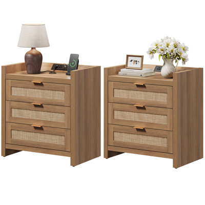 Ashvir Rattan 3-Drawer Nightstand With Built-In Outlets