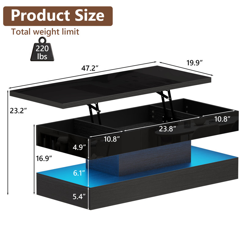 Table basse relevable de 120 cm, table centrale moderne noire brillante pour salon, avec éclairage DEL et compartiment de rangement dissimulé, table basse moderne à deux niveaux pour salon, bureau ou salle à manger