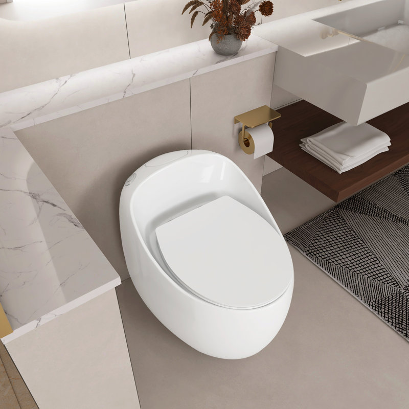 Toilette simple 1,28 en blanc brillant - Céramique en forme d'œuf, surface facile, salle de bain moderne en céramique avec blanc, chasse, siège, essentiel