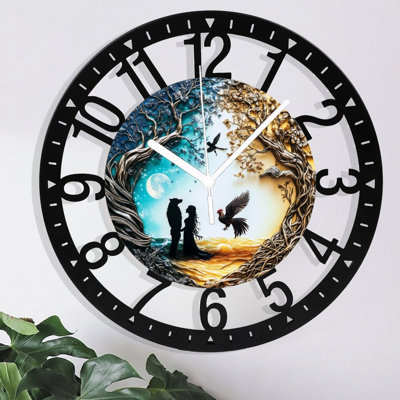 Horloge murale en métal pour le salon - Loup sous la nuit, arbres de la lune de 10 po, non silencieux, à piles, horloges antiques pour maison de campagne, chambre à coucher, cuisine - chiffres arabes
