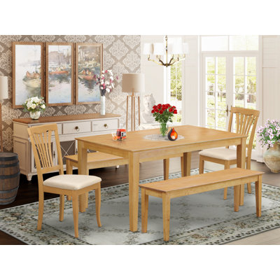 L'ensemble 5 pièces de table et chaises de cuisine comprend une table de salle à manger rectangulaire et 2 chaises de salle à manger en tissu de lin avec 2 bancs, 36 po x 60 po, chêne