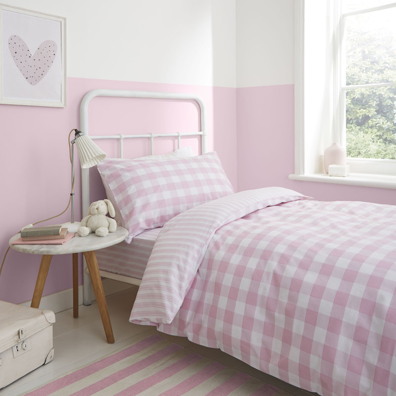 Check and Stripe Reversible 100% Cotton Duvet Cover Set with Pillowcases, Pink, Double - 2 Standard Pillowcases