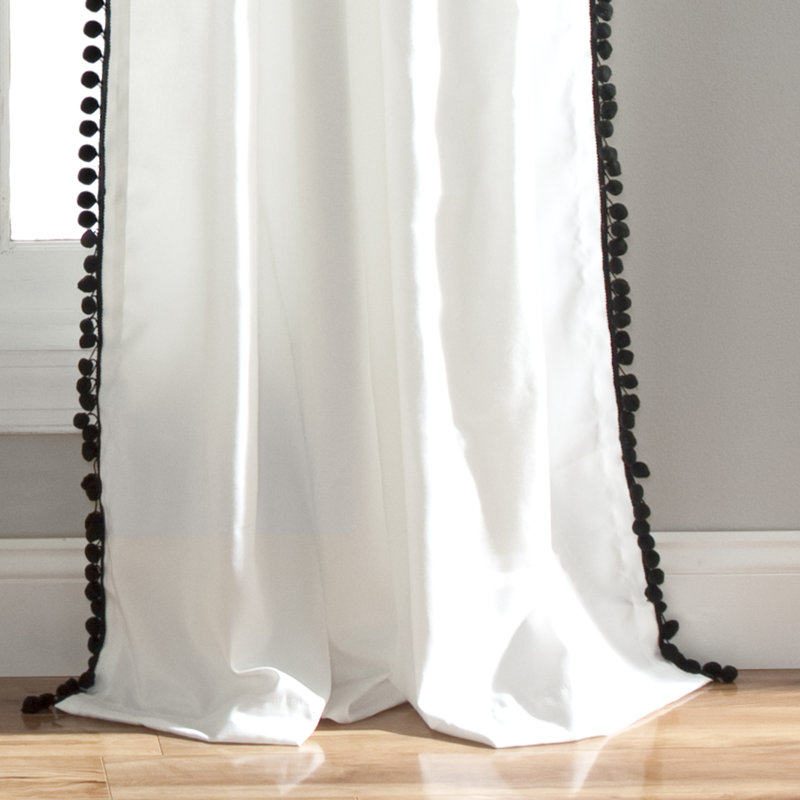 Pom Pom Semi Sheer Curtain Single Panel, Black, 50"W x 108"L